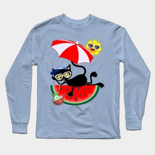 Cat Cartoon and Juicy Watermelon Summertime Chill Humorous Character Long Sleeve T-Shirt